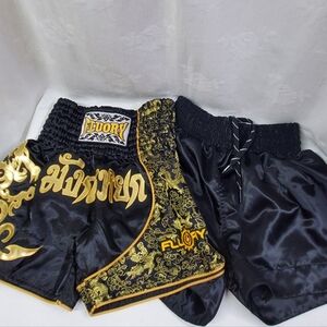 Fluory/Roar 2 Pair Men's Black Muay Thai Gym Boxing Shorts Small